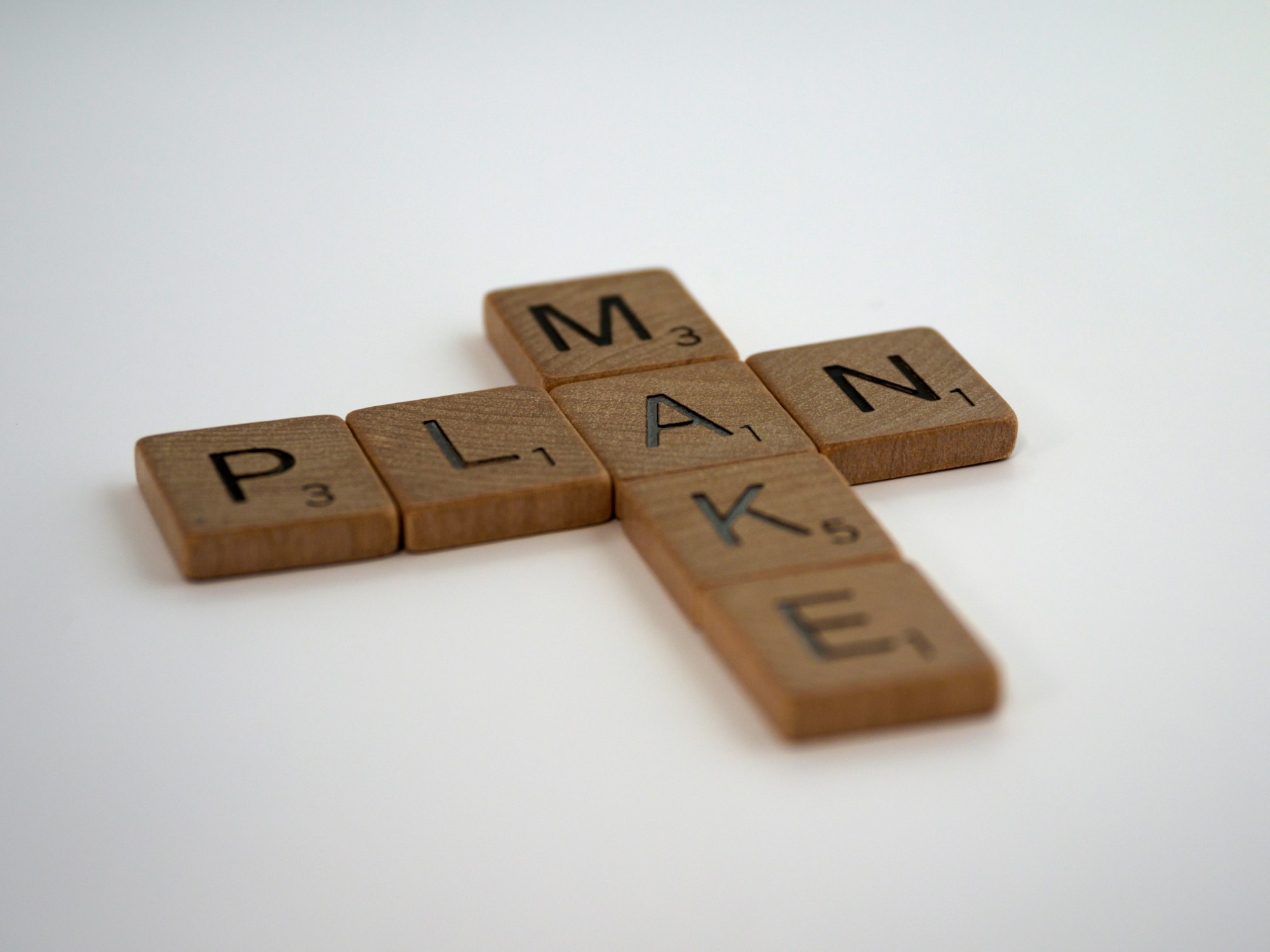 scrabble, scrabble pieces, lettering, letters, wood, scrabble tiles, white background, words, quote, make, plan, just do it, act, do something,